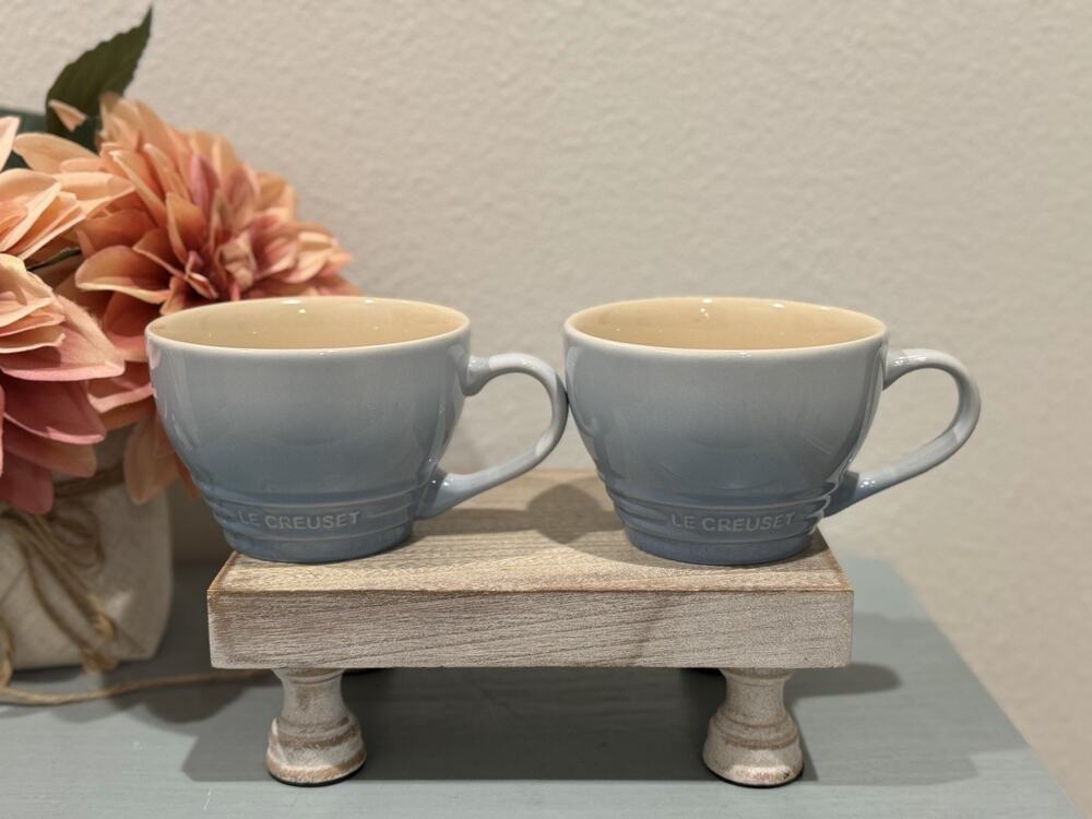 Le Creuset Coastal Blue Bistro Cappuccino Stoneware Mug 400 ml ~ Set of 2 ~ NWT